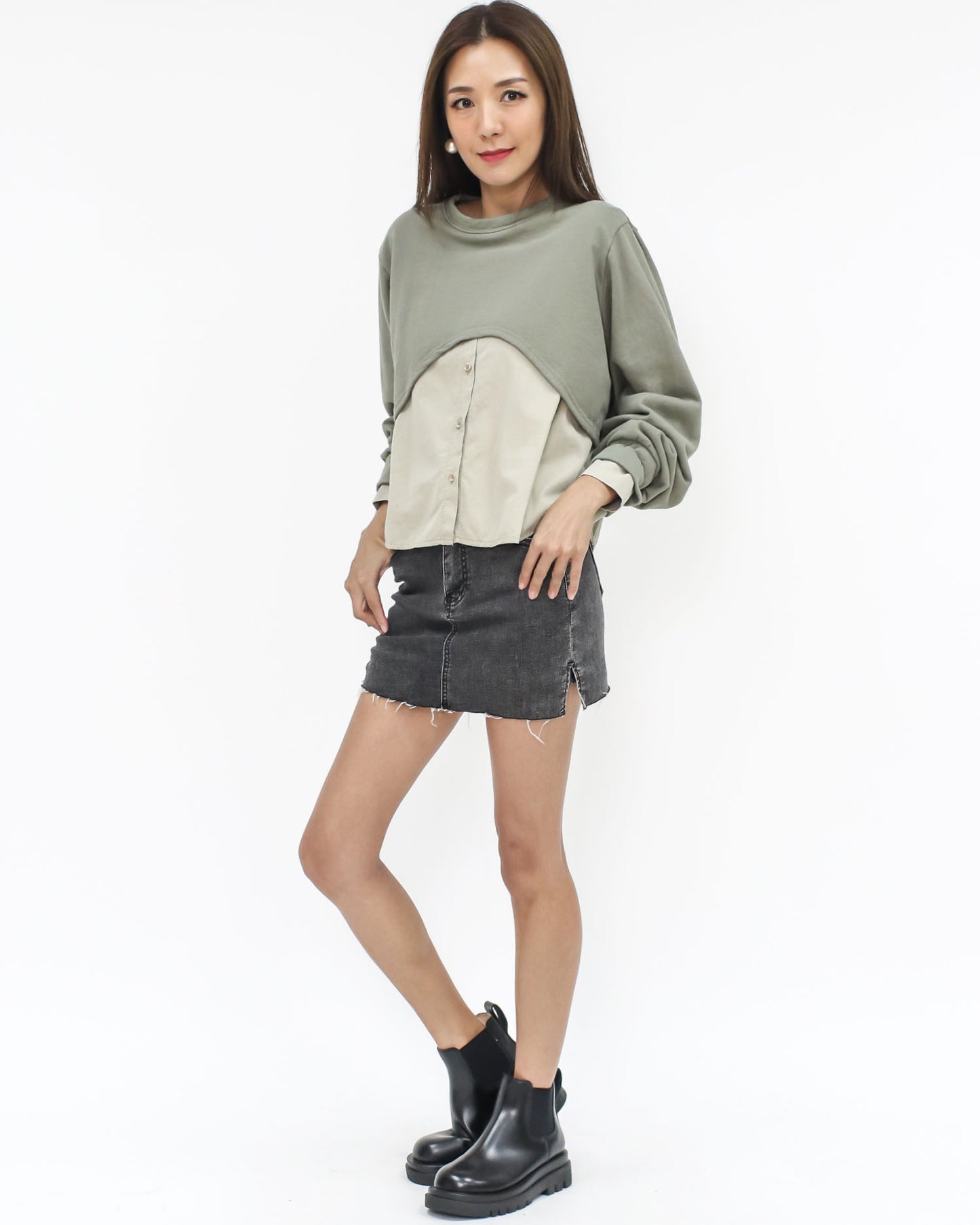 green & beige shirt contrast sweatshirt