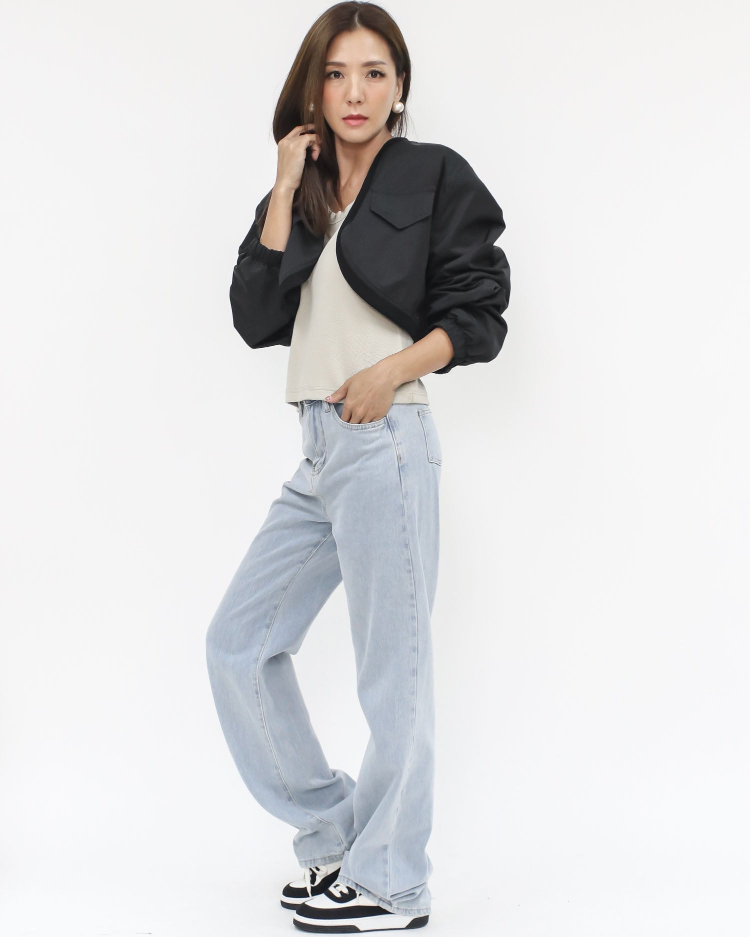 black tech throw on jacket w/ grey green vest set STYLEGAL