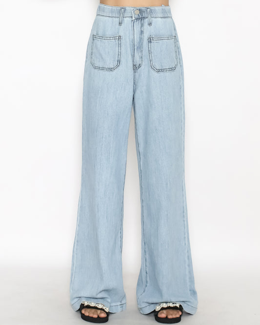 light blue denim pockets front straight leg jeans