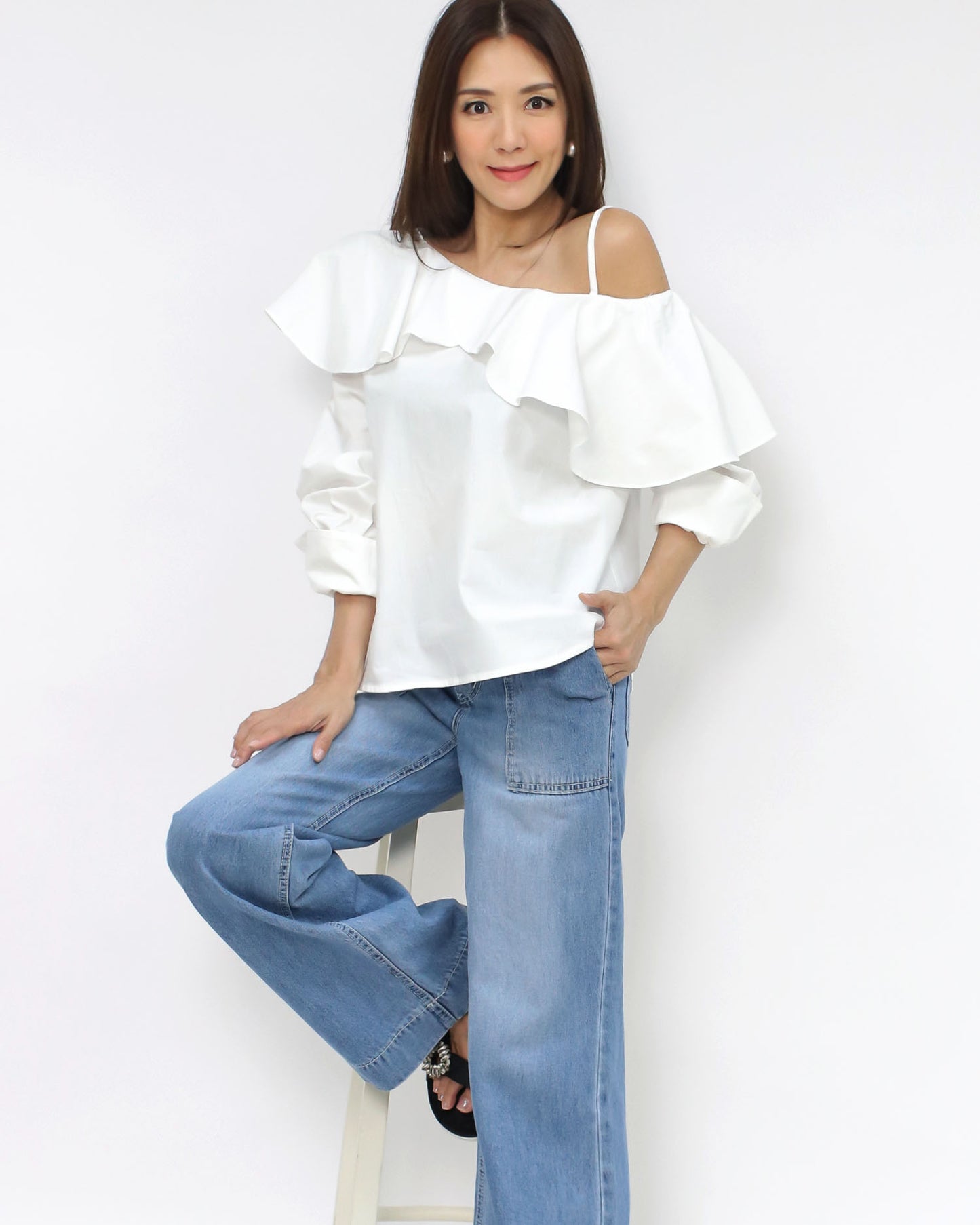 ivory ruffles cutout shoulder shirt *pre-order*