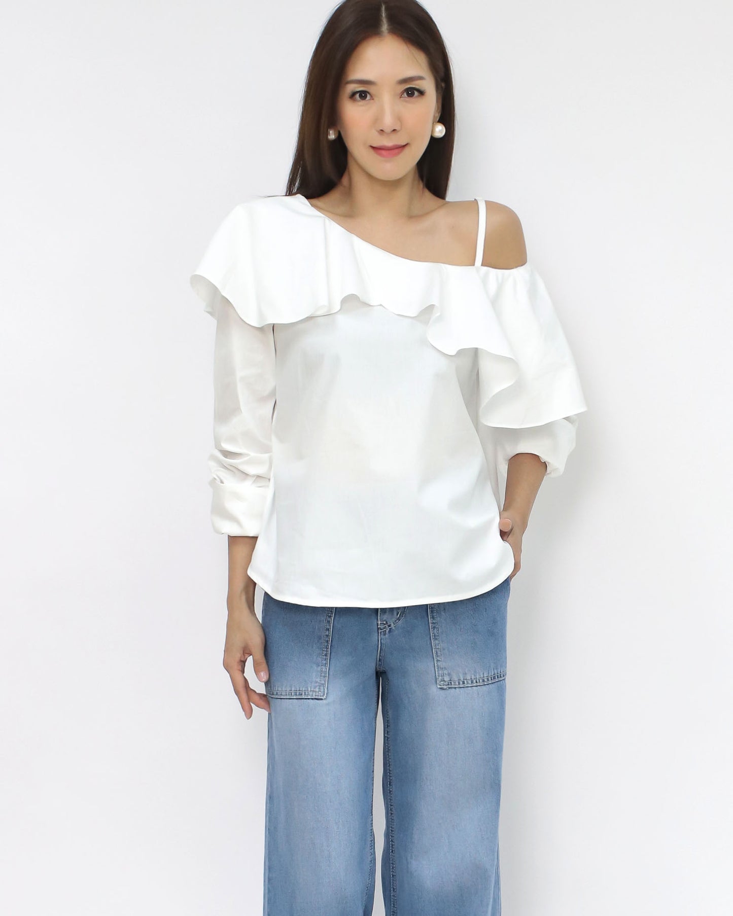 ivory ruffles cutout shoulder shirt *pre-order*