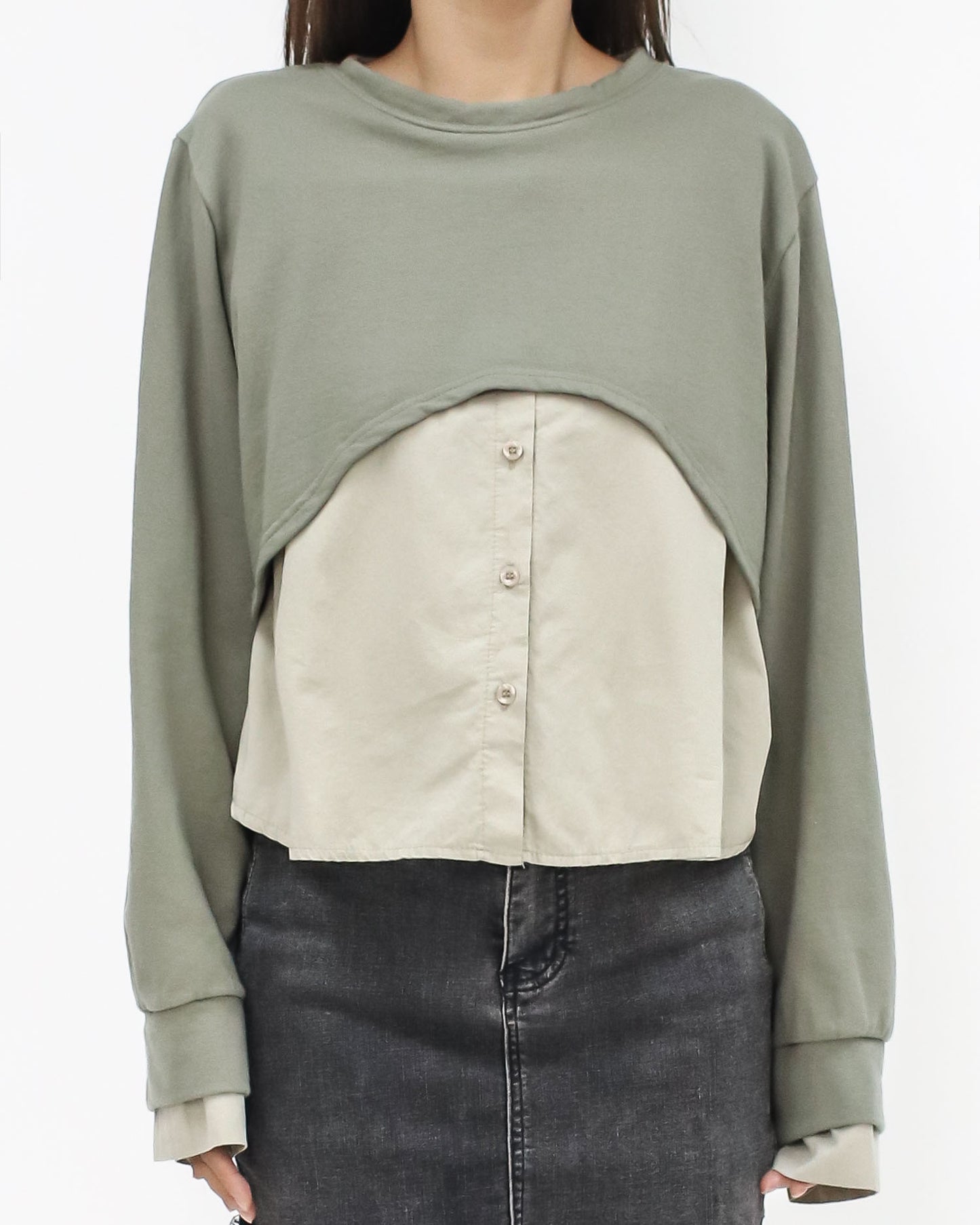 green & beige shirt contrast sweatshirt