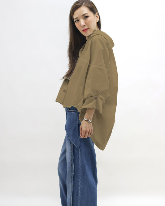 brown button sleeves shirt