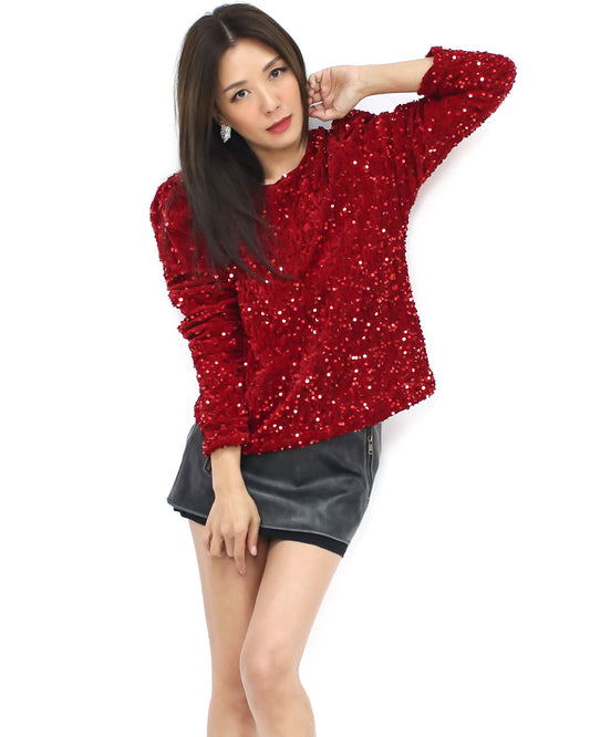 red sequins puff shoulders top