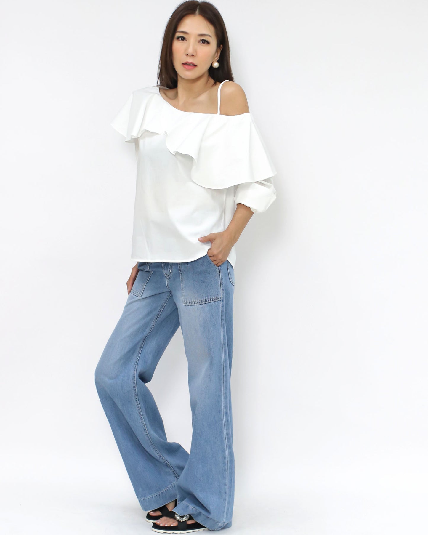 ivory ruffles cutout shoulder shirt *pre-order*