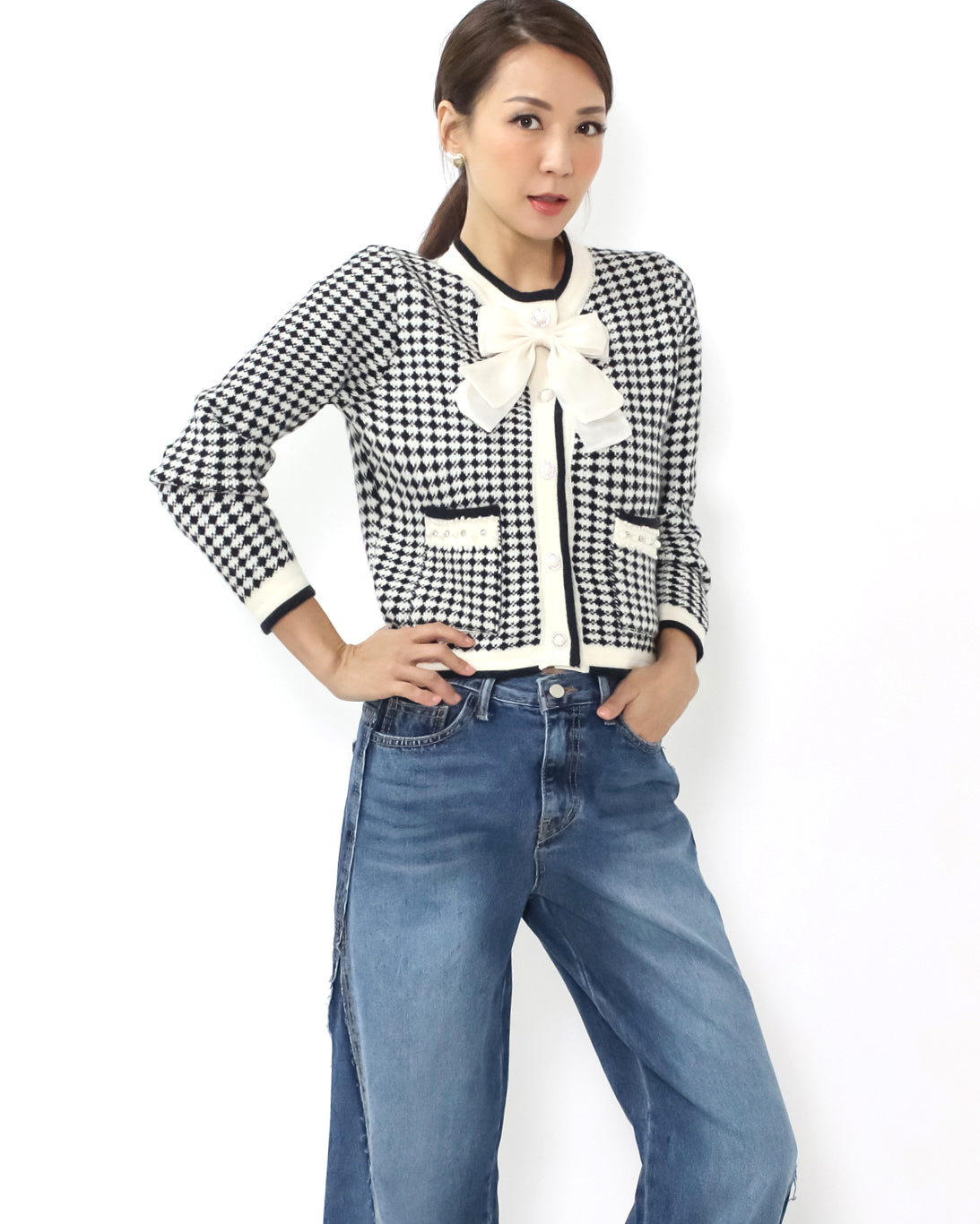 black & ivory pattern w/ bow front knitted cardigan *pre-order*