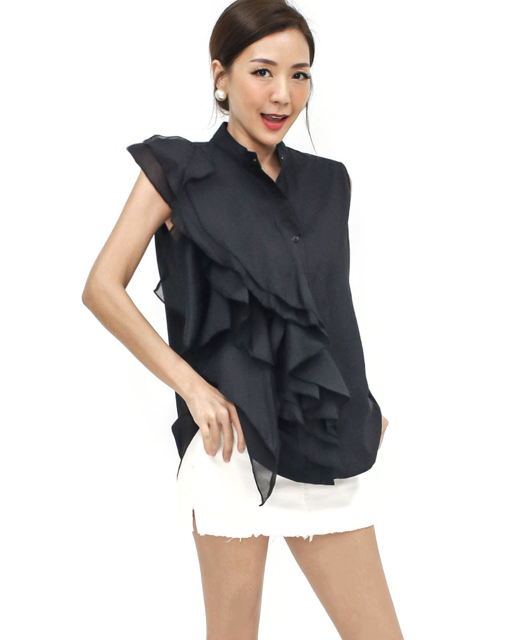 black mesh ruffles shirt vest *pre-order*