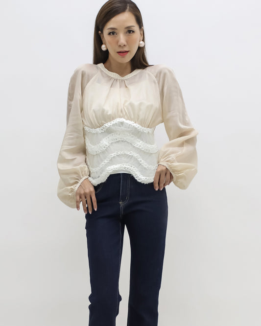 beige mesh with ivory wave hem top