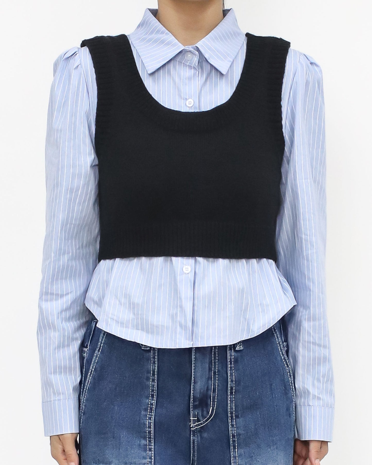 blue stripes shirt & black knitted vest separate *pre-order*