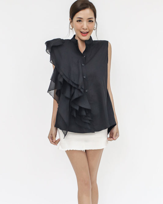 black mesh ruffles shirt vest *pre-order*