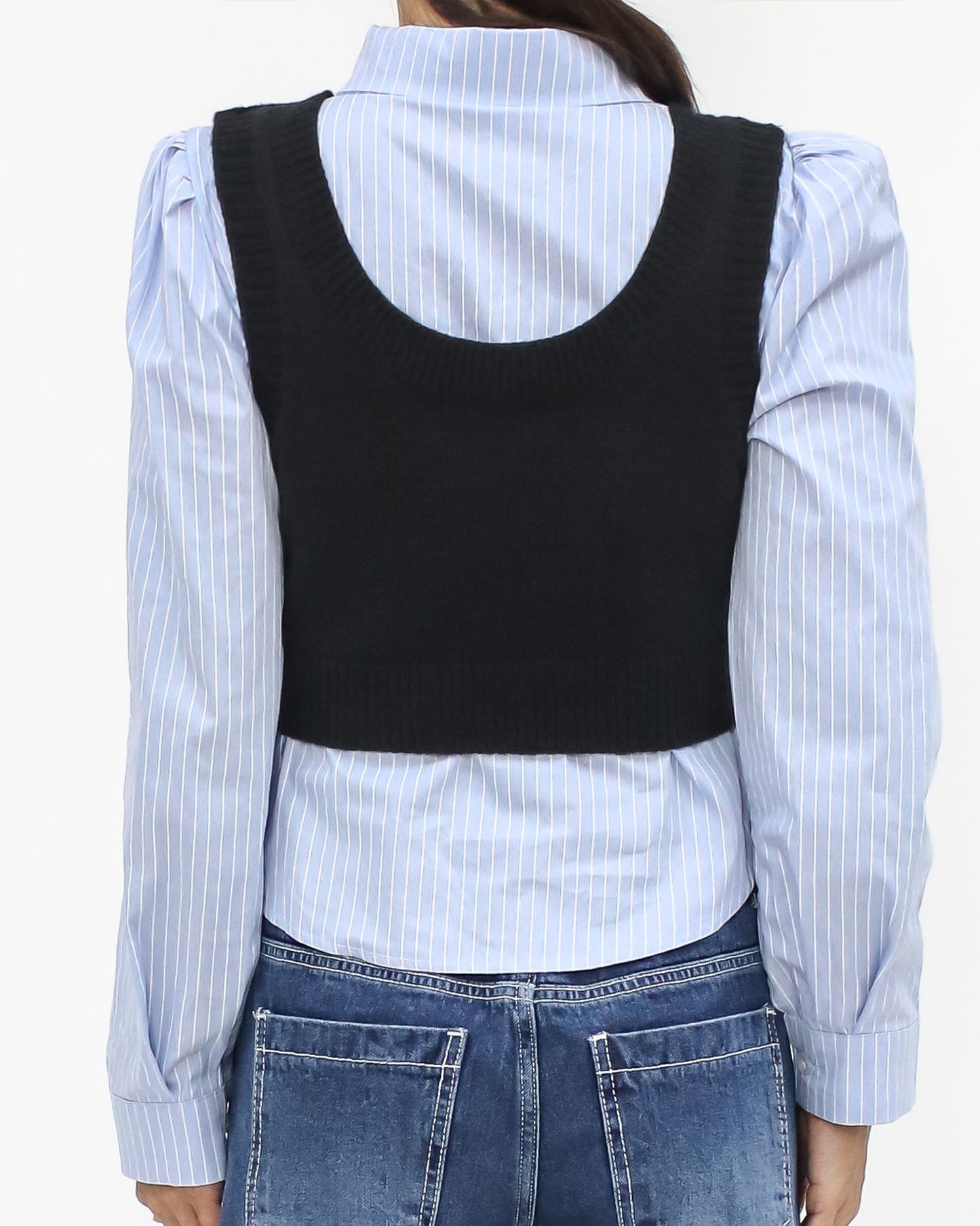 blue stripes shirt & black knitted vest separate *pre-order*