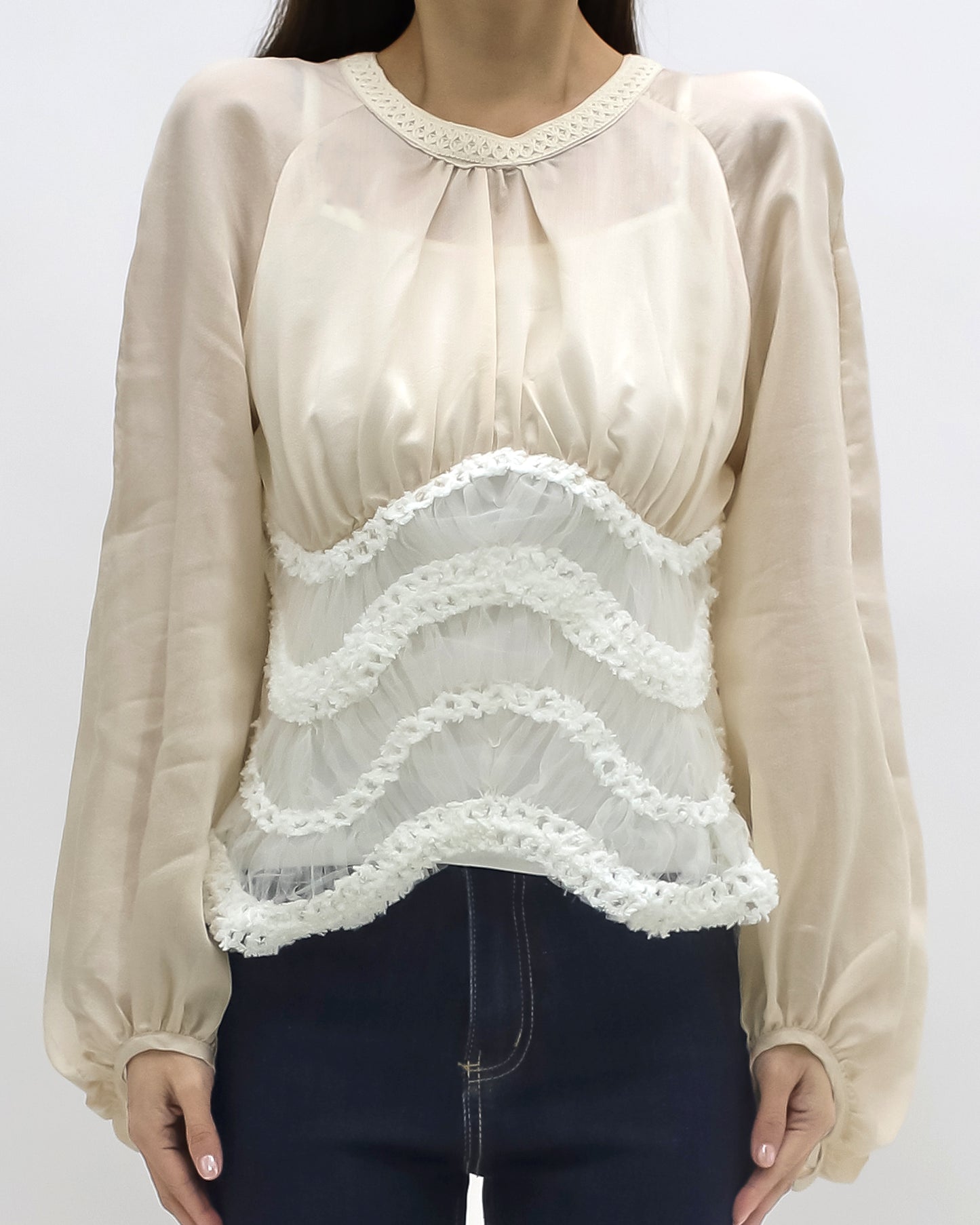 beige mesh with ivory wave hem top