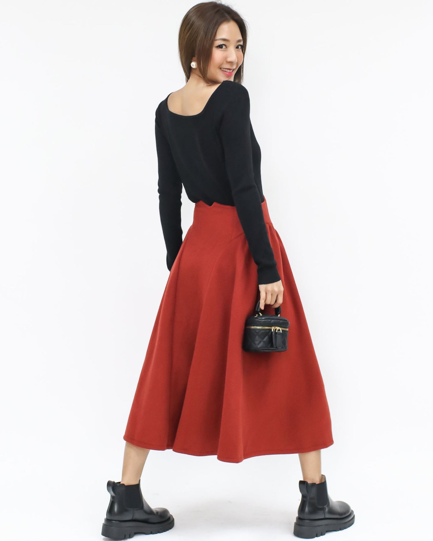 red wool blended flare skirt - S