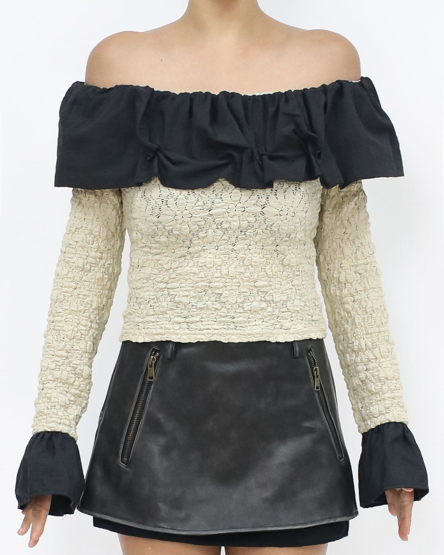 beige texture w/ black shirt ruffles off shoulder top