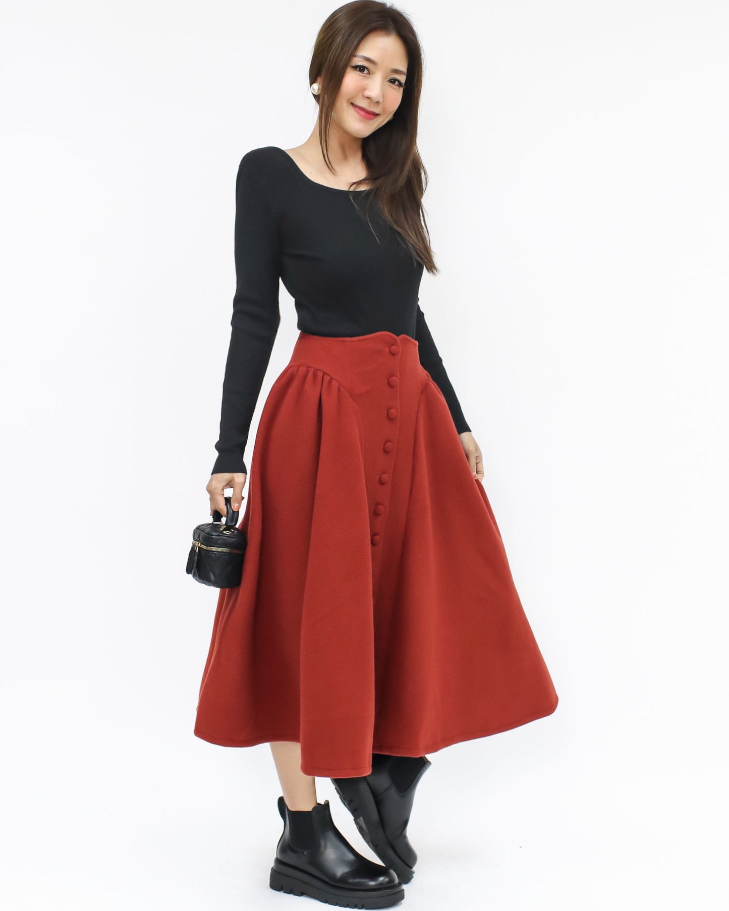 red wool blended flare skirt - S