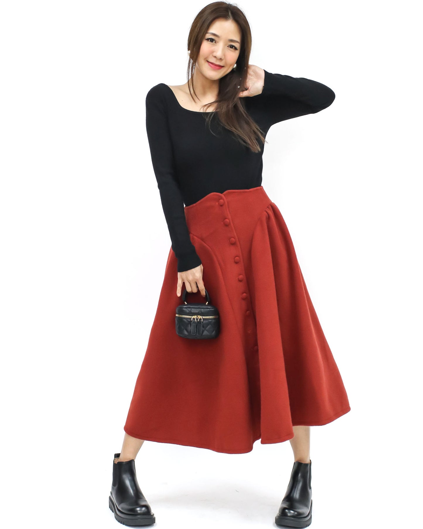 red wool blended flare skirt - S