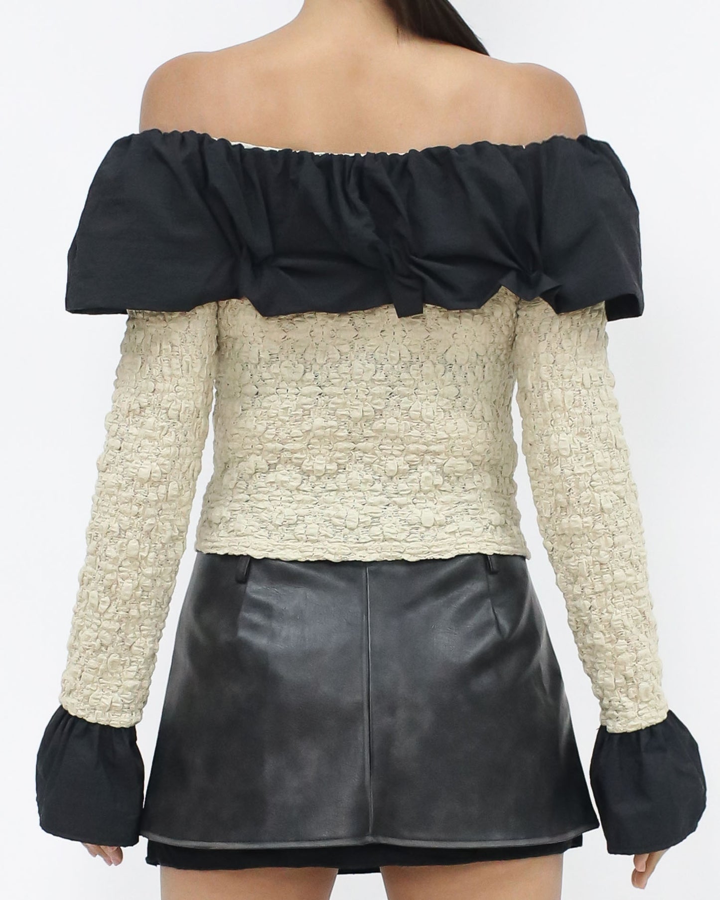 beige texture w/ black shirt ruffles off shoulder top