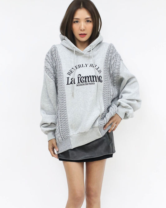 grey embroidered front w/ knitted hoodie fleece sweatshirt