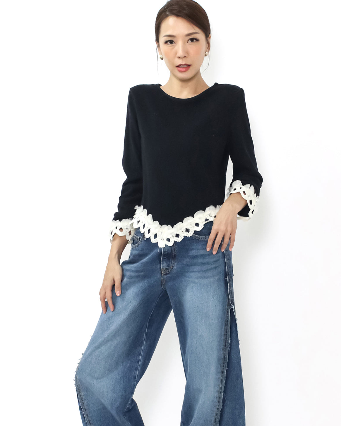 black & ivory crochet hem knitted top *pre-order*