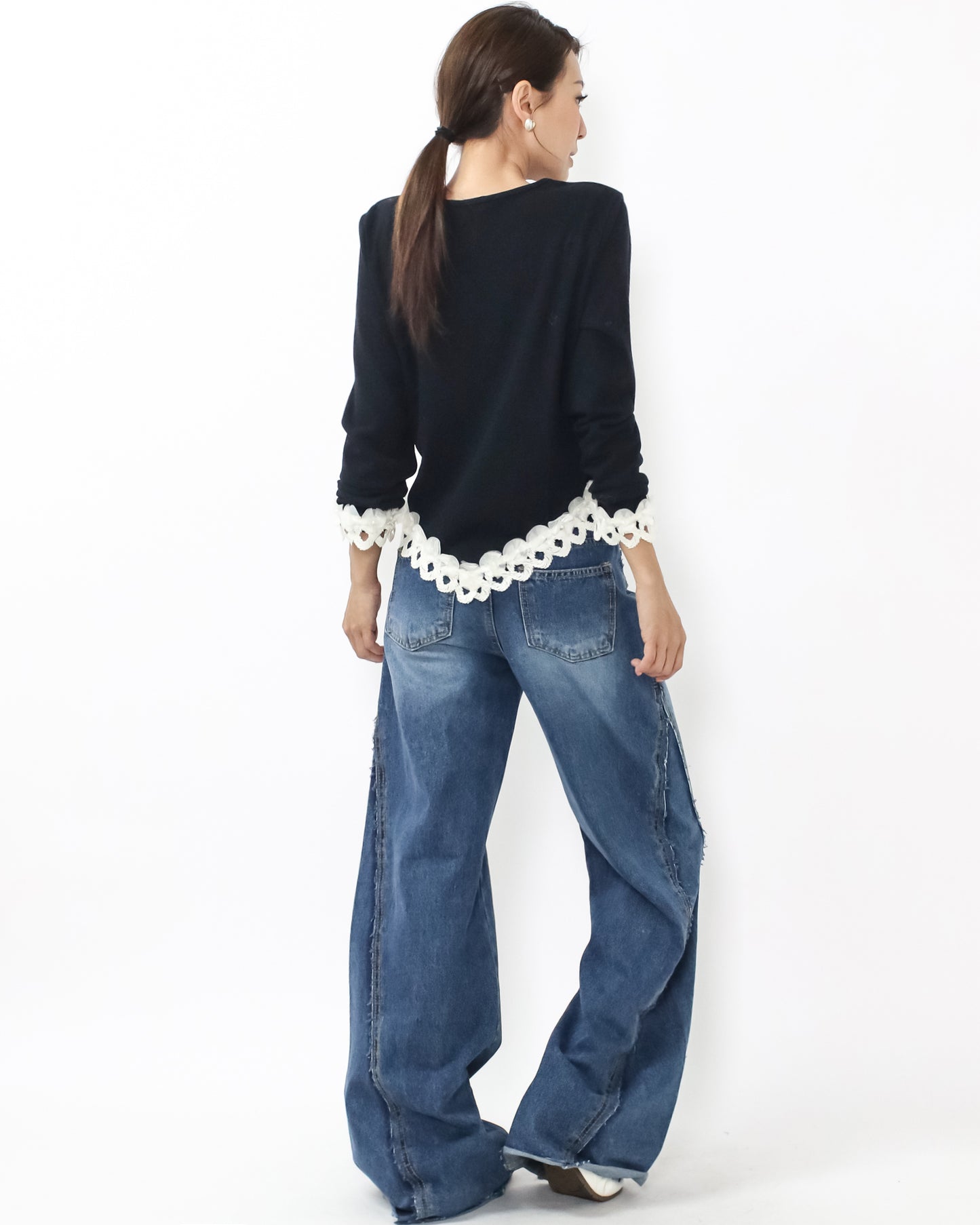 black & ivory crochet hem knitted top *pre-order*