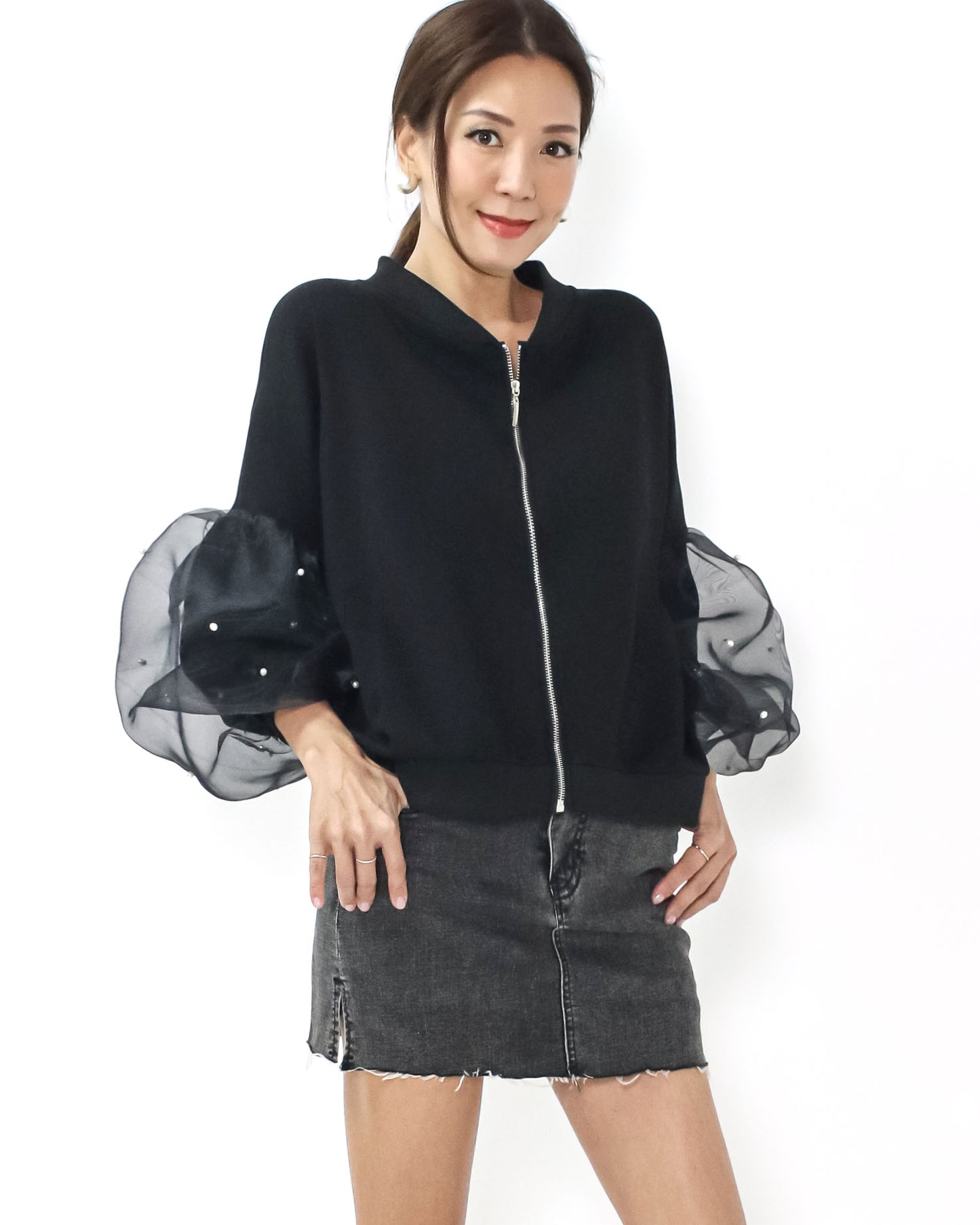 black w/ mesh pearls balloon sleeves neoprene jacket *pre-order*