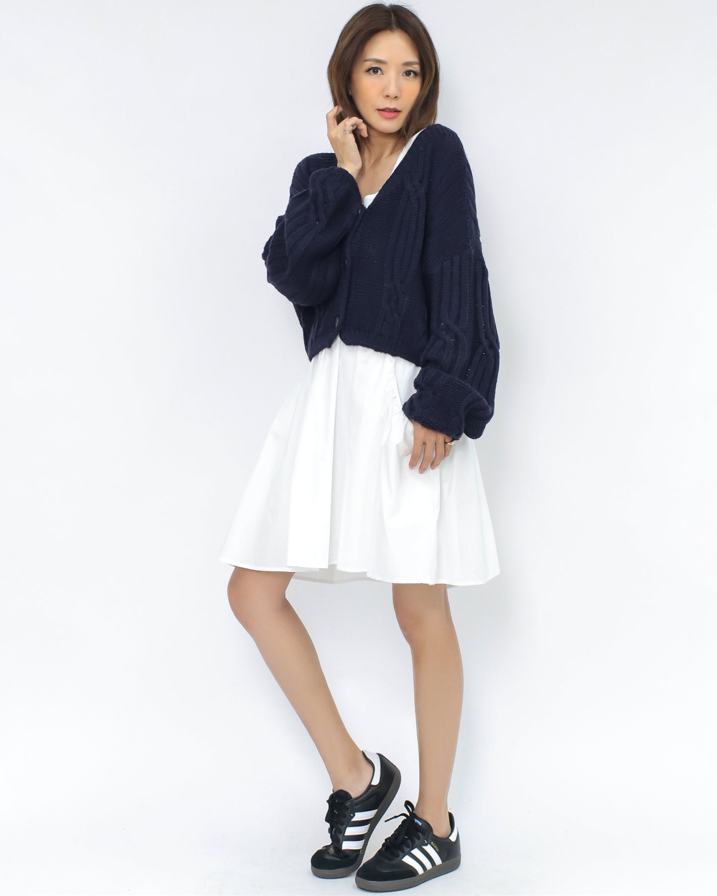 navy twisted knitted cropped cardigan
