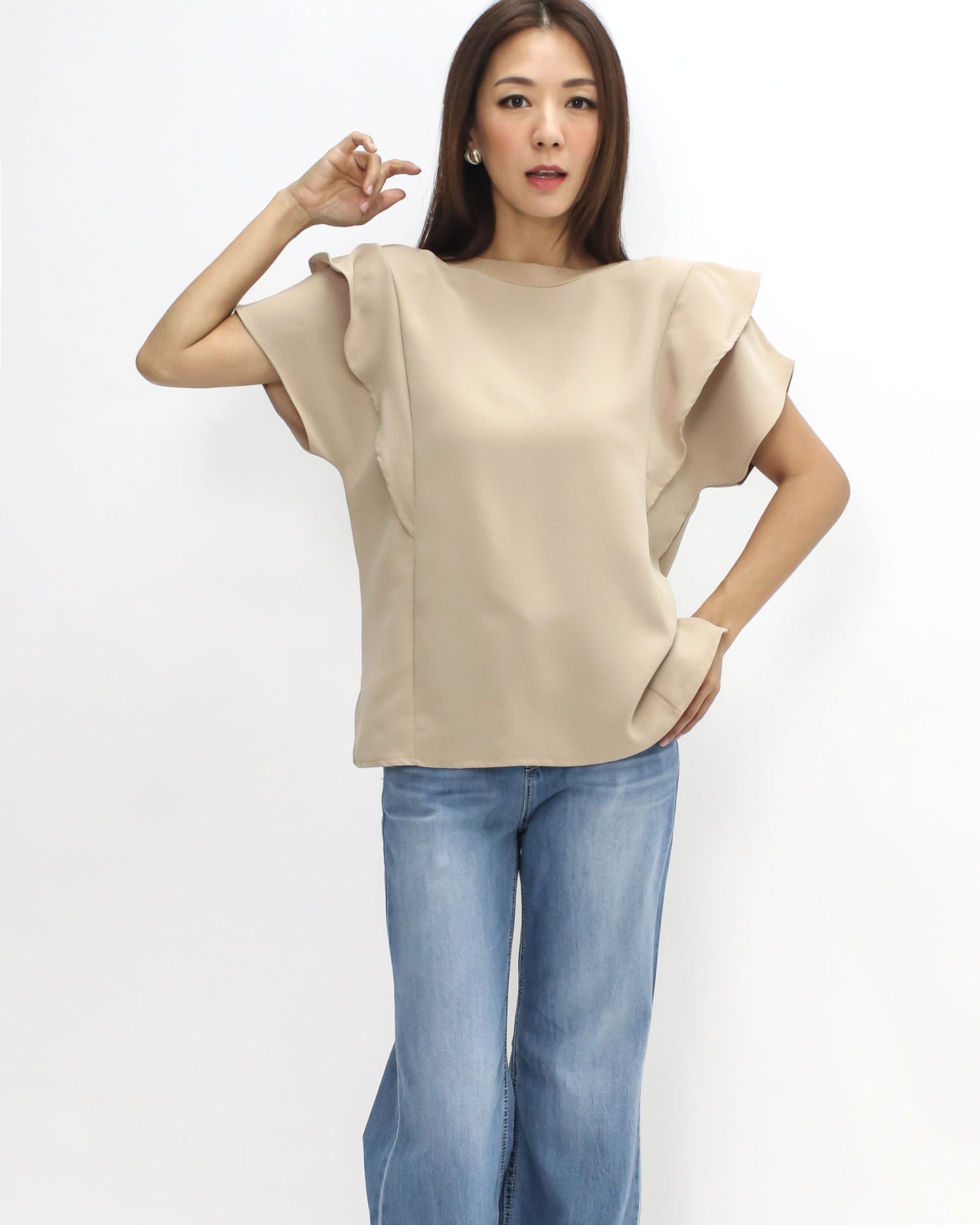 beige ruffles sleeve slinky top