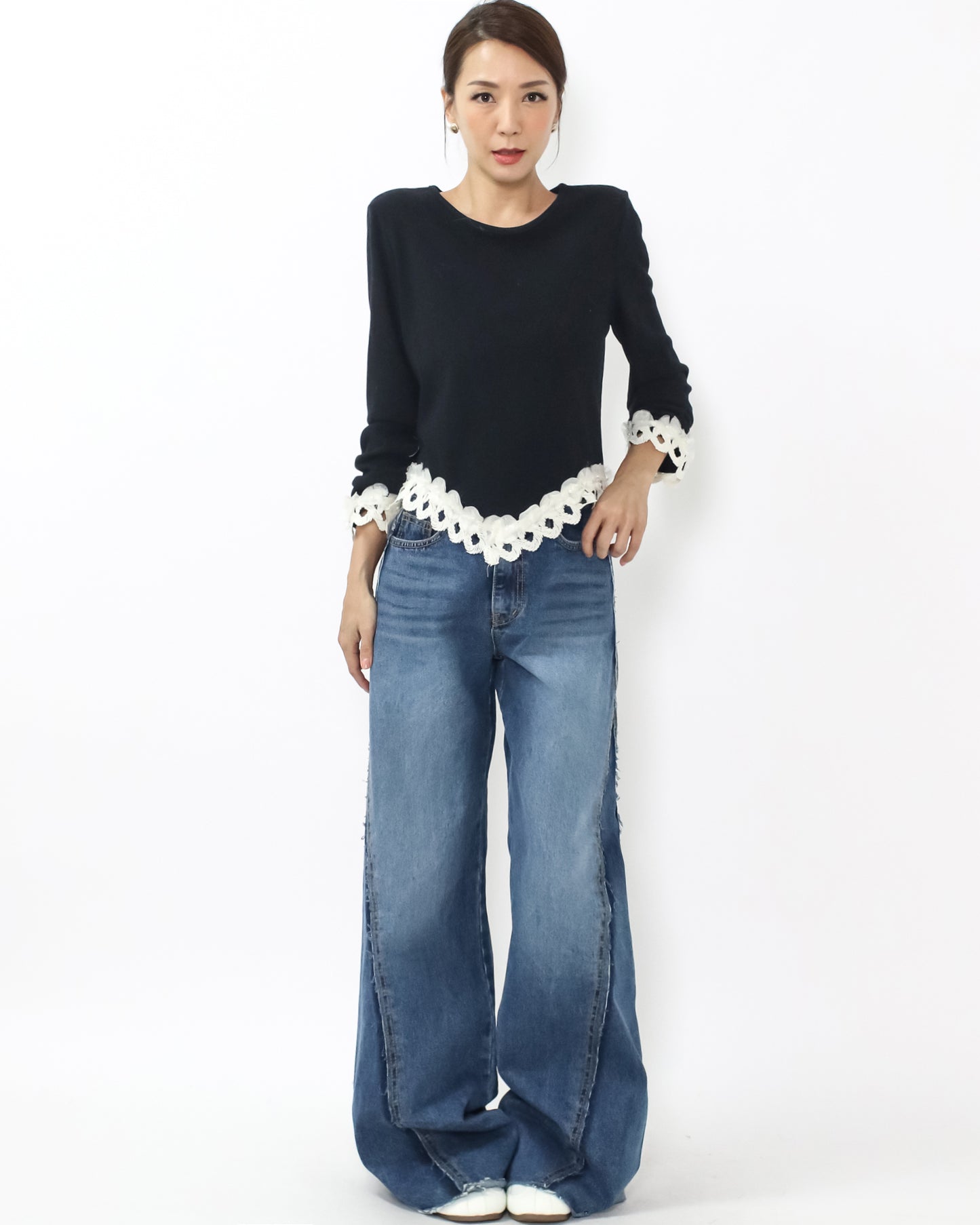 black & ivory crochet hem knitted top *pre-order*