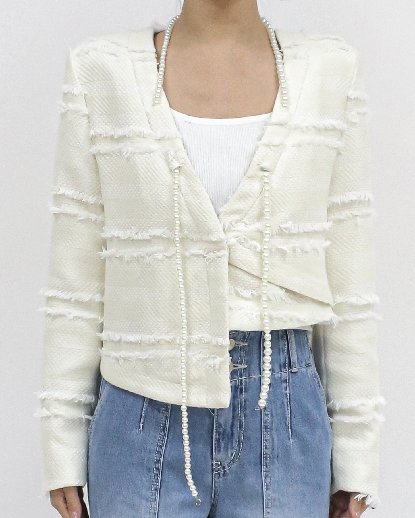 ivory ripped stripes pearls chain tweed jacket *pre-order*