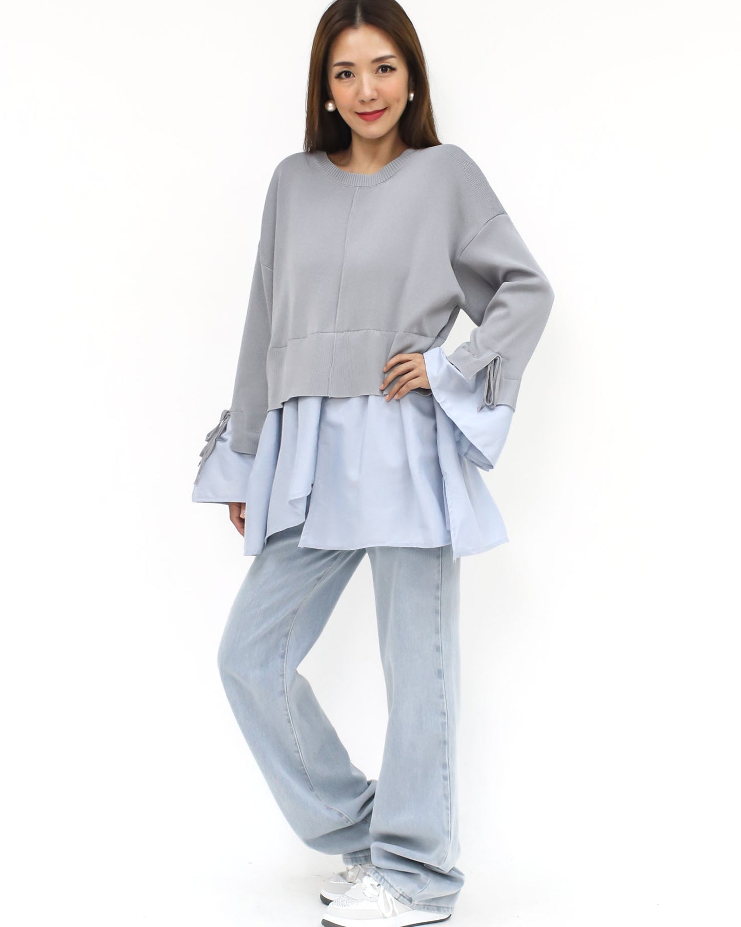 grey knitted & blue shirt contrast top