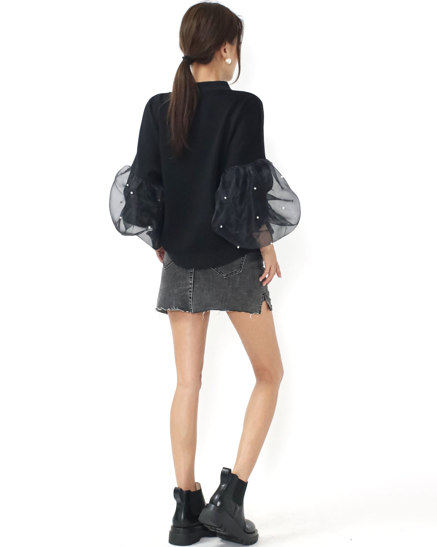 black w/ mesh pearls balloon sleeves neoprene jacket *pre-order*