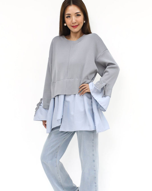 grey knitted & blue shirt contrast top