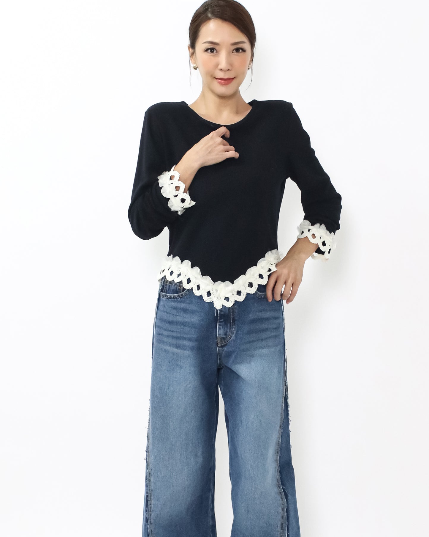 black & ivory crochet hem knitted top *pre-order*