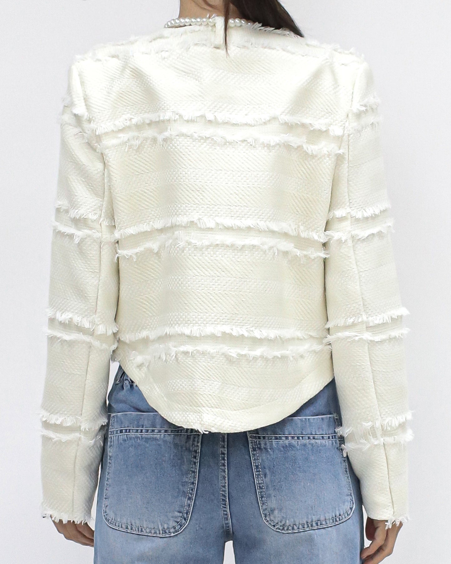 ivory ripped stripes pearls chain tweed jacket
