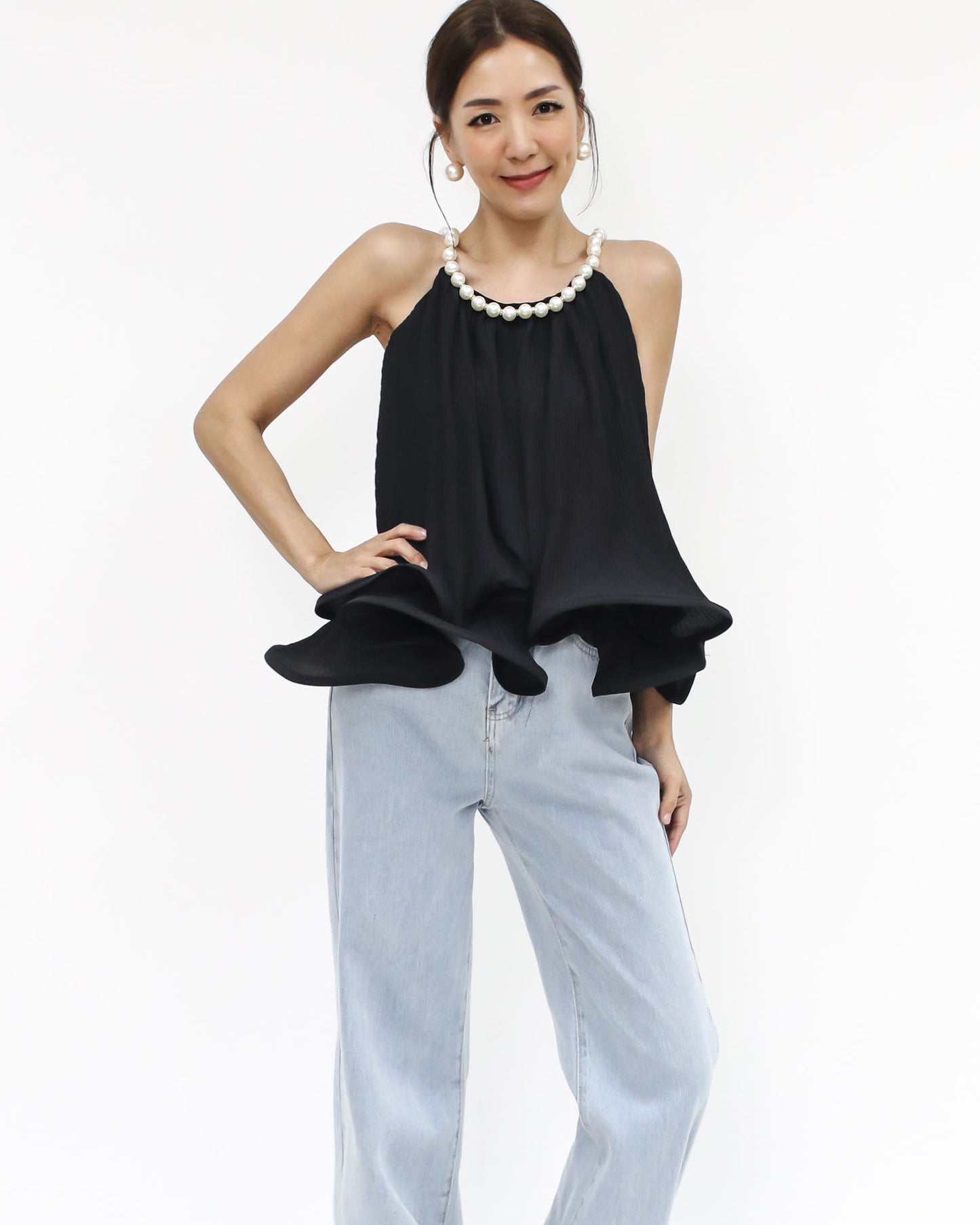 black pleats w/ pearls neckline vest *pre-order*