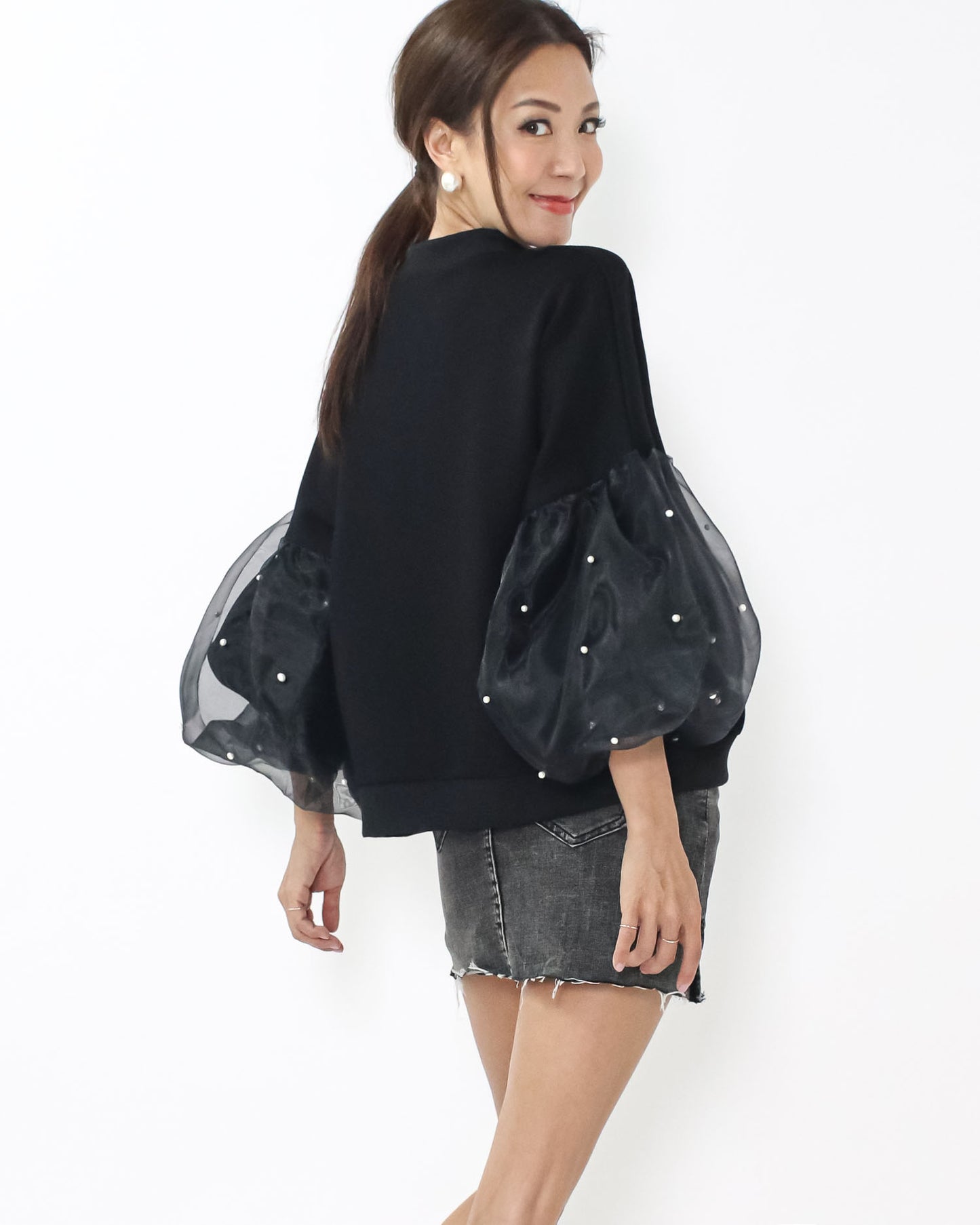 black w/ mesh pearls balloon sleeves neoprene jacket *pre-order*