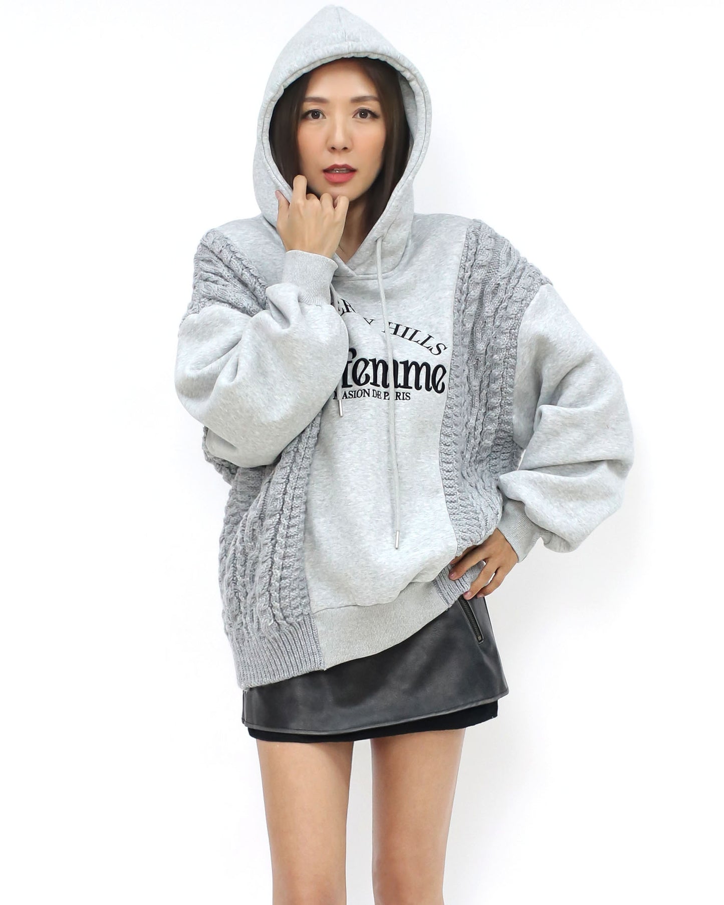 grey embroidered front w/ knitted hoodie fleece sweatshirt