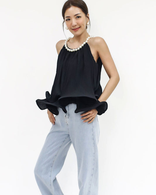 black pleats w/ pearls neckline vest *pre-order*