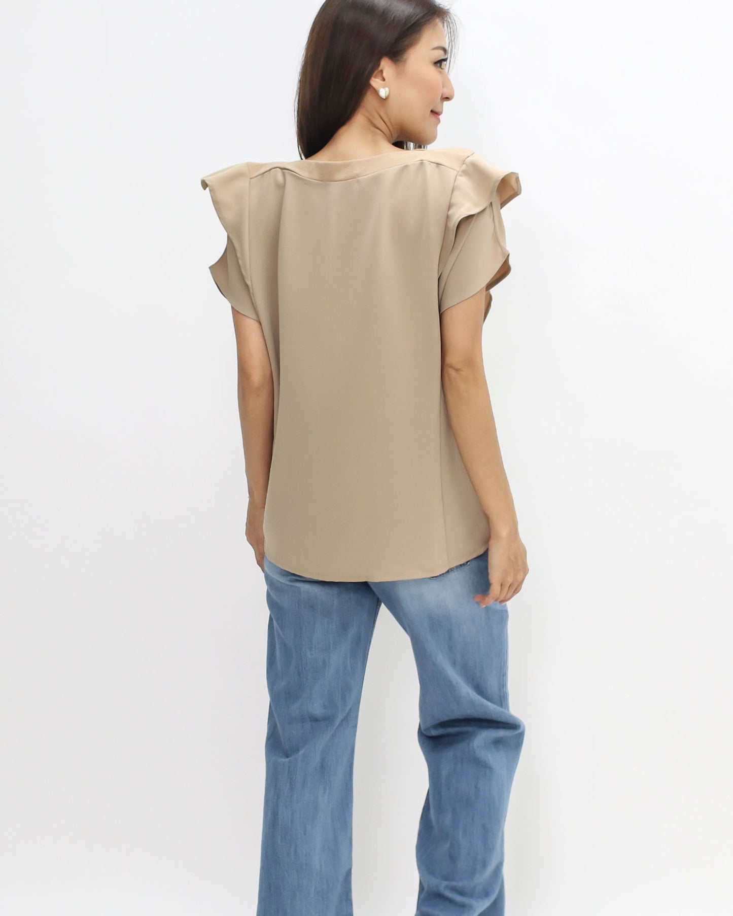 beige ruffles sleeve slinky top