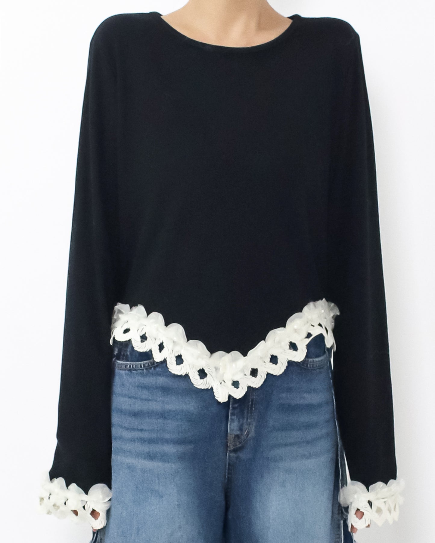 black & ivory crochet hem knitted top *pre-order*