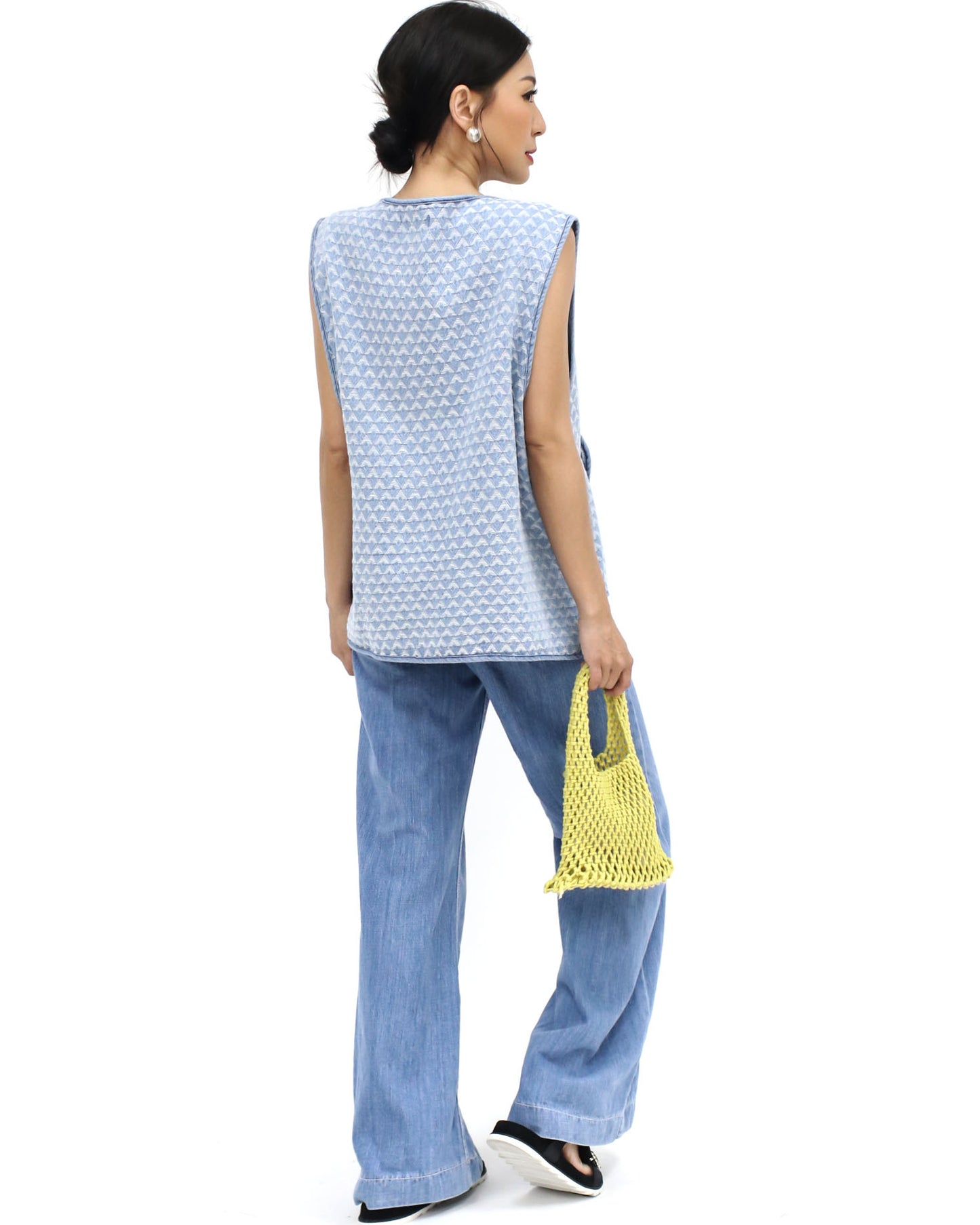 blue tweed pocket front wrap vest