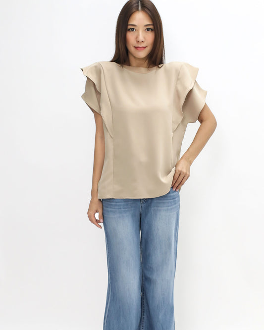 beige ruffles sleeve slinky top