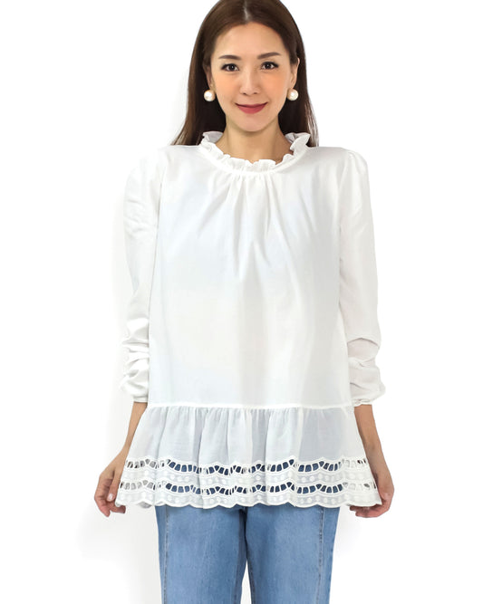 ivory ruffles neckline w/ crochet hem shirt