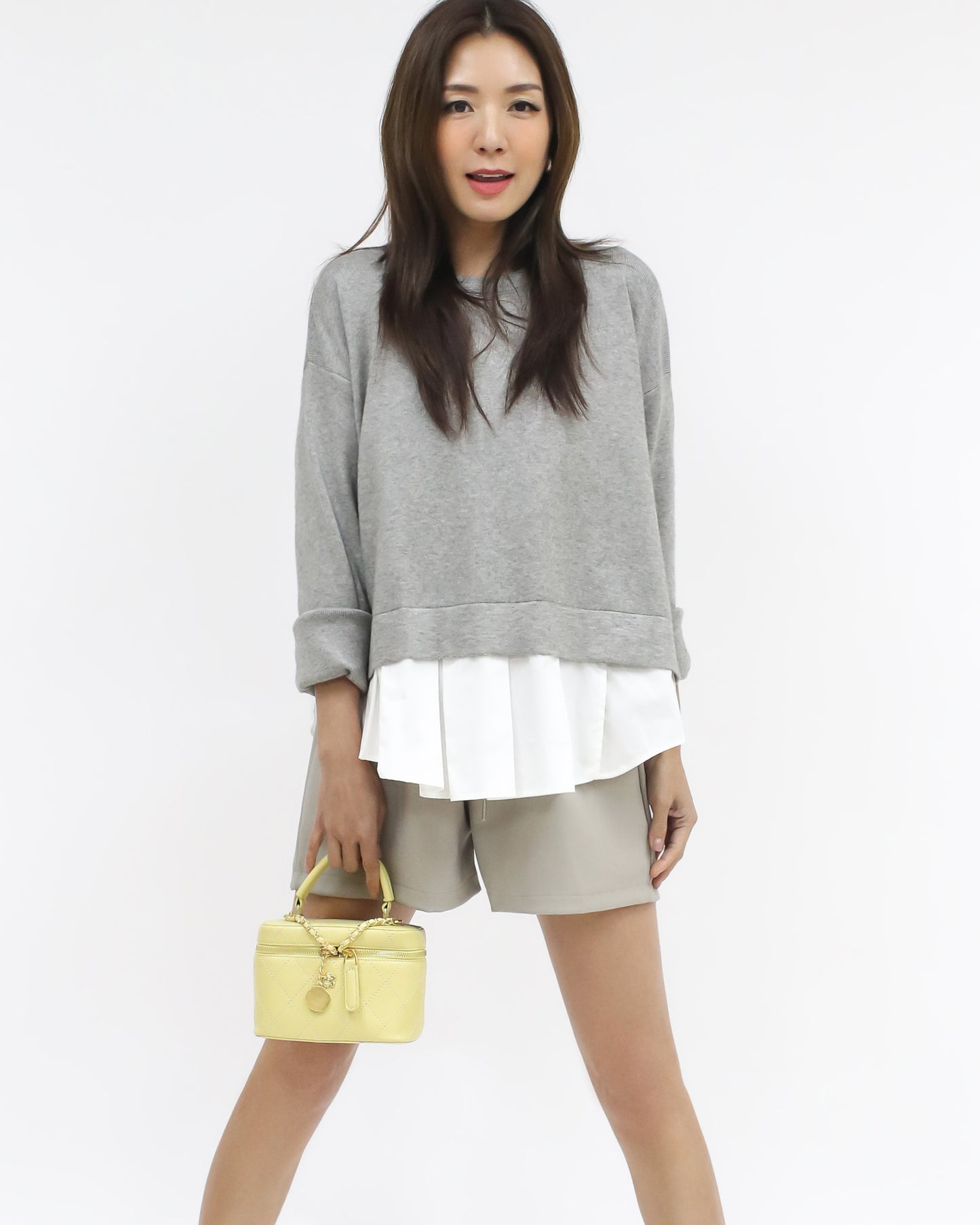 grey knitted w/ ivory pleats shirt layer top