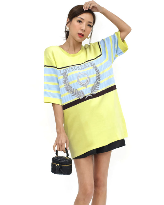 yellow & blue stripes stitched front fine knitted top