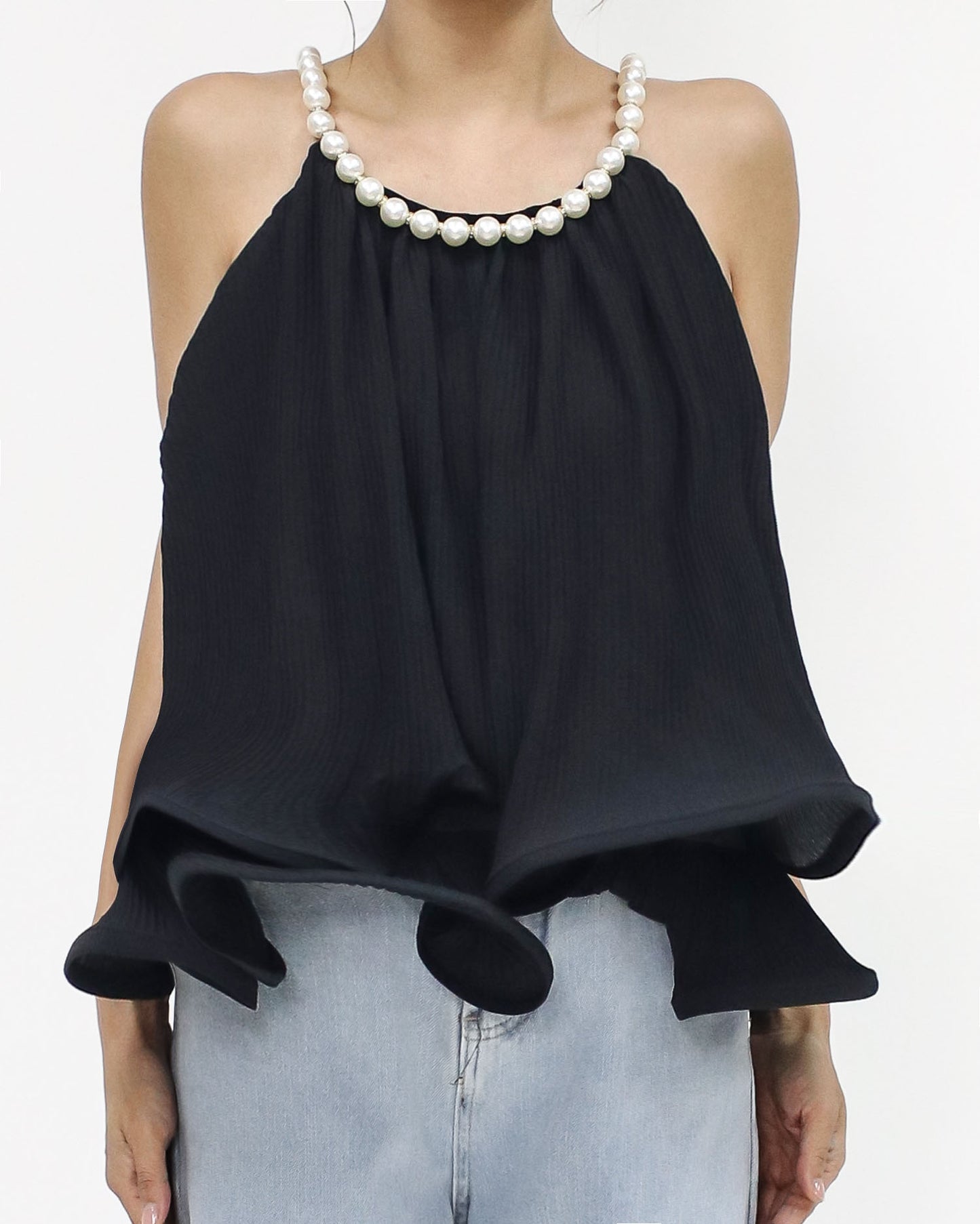 black pleats w/ pearls neckline vest *pre-order*