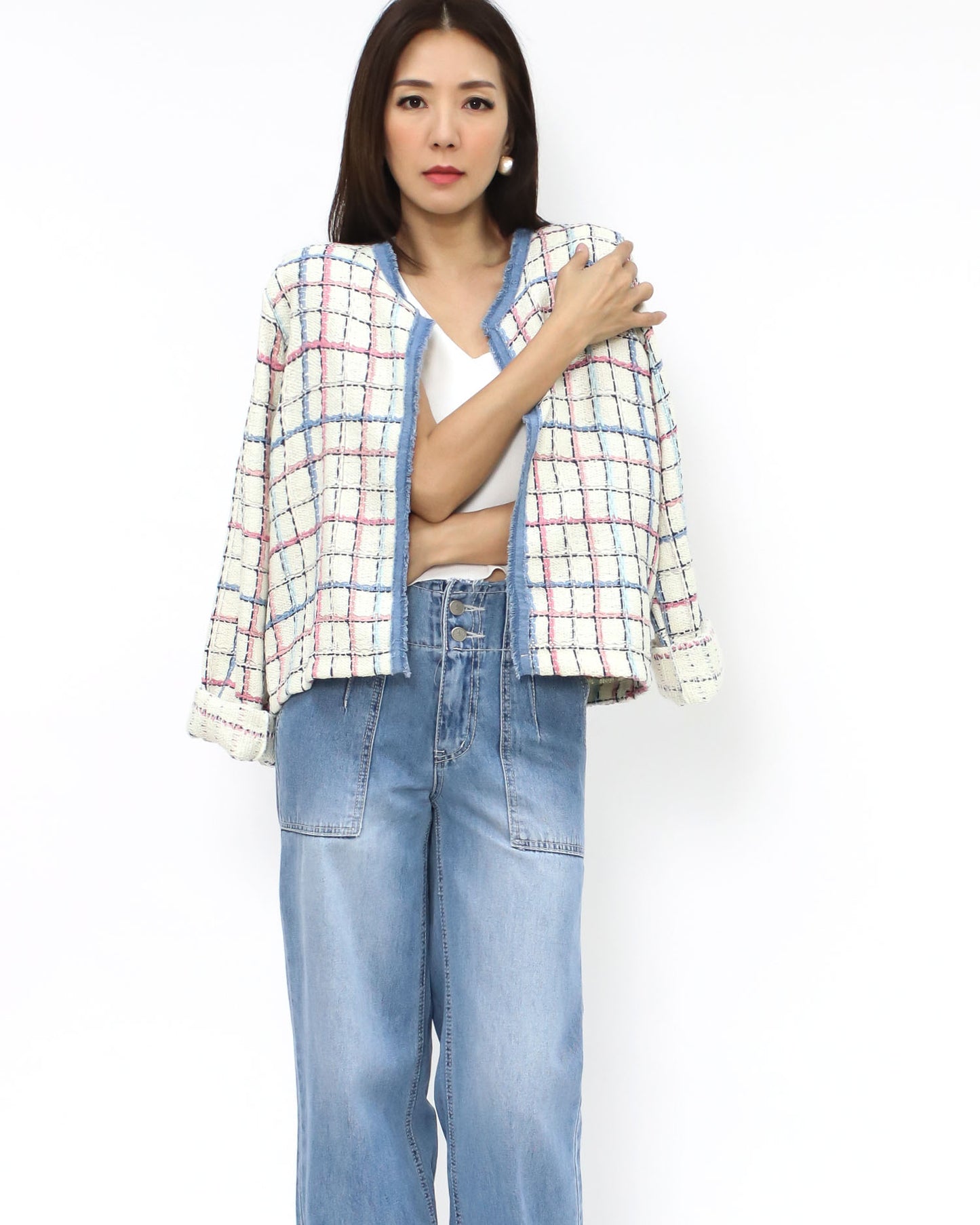 ivory w/ pink blue checkers & denim trim tweed jacket *pre-order*