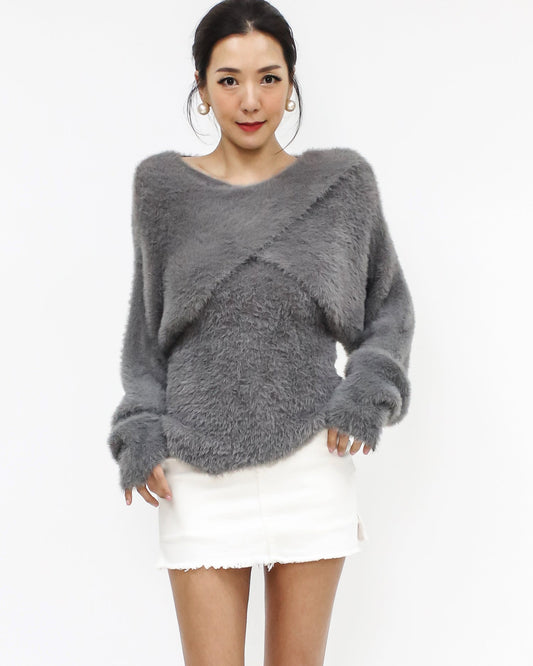 Grey cami & arm warmer fluffy knitted top set