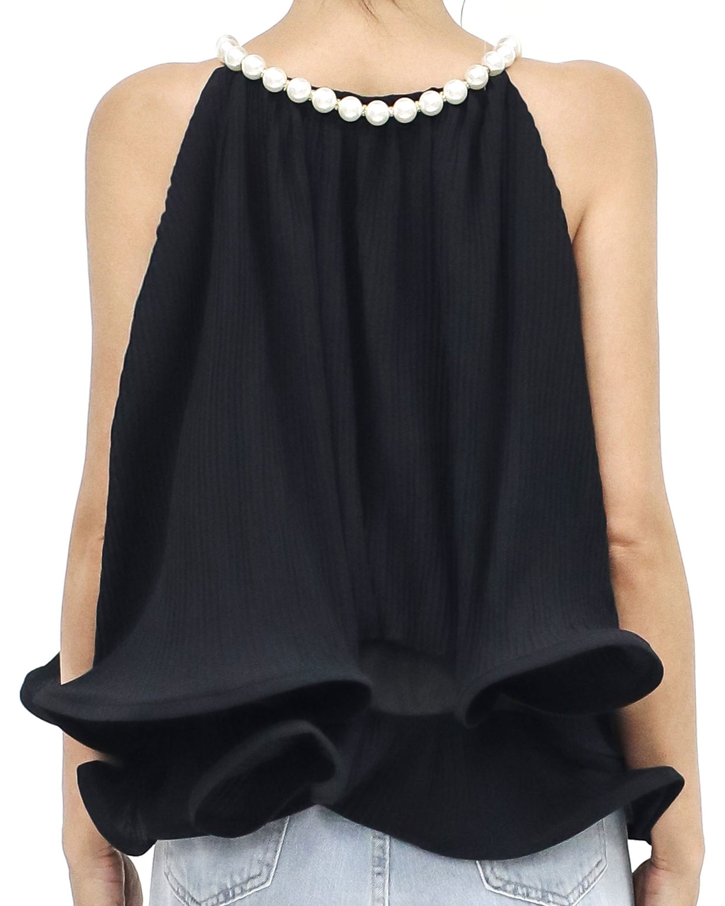 black pleats w/ pearls neckline vest *pre-order*