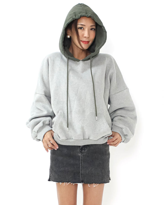 grey w/ green tech hoodie fleece sweatshirt